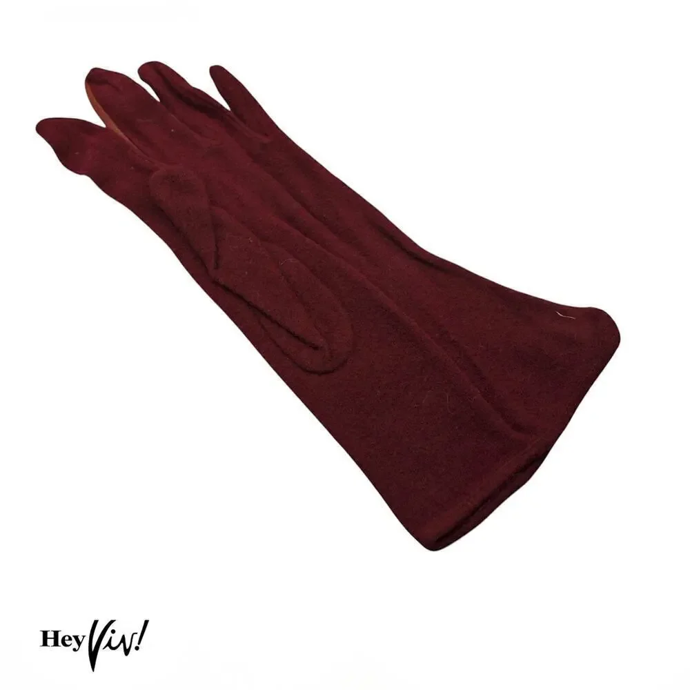 Vintage Gloves Burgundy Rayon w Leather Applique Wrist Length Sz 6 1/2 - Hey Viv